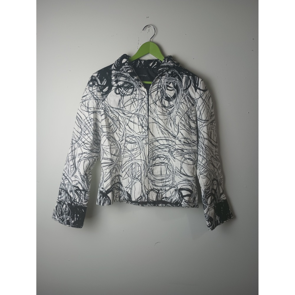 Samuel Dong Womens Black White Abstract Scribble Textured Zip Up Jacket‎ M